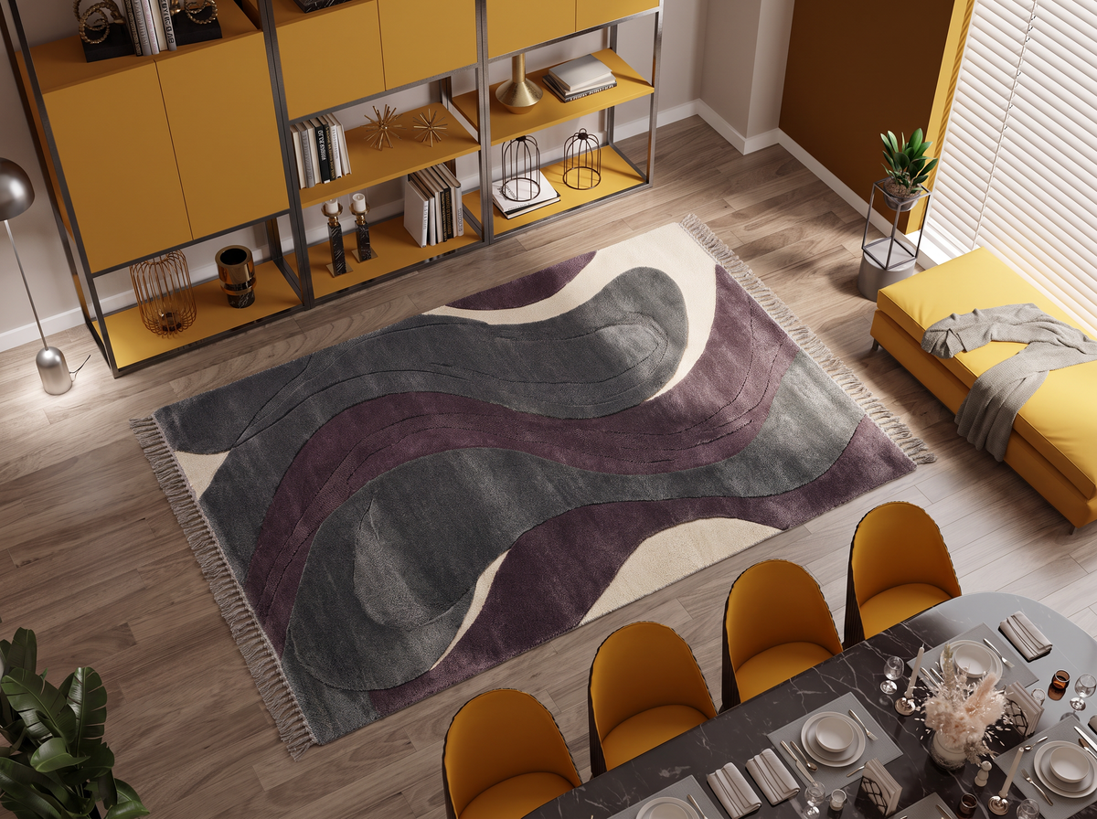 Plum Charcoal Wave Rug, hand-knotted Indo-Nepali wool with flowing charcoal and plum waves on ivory, shown in a styled room