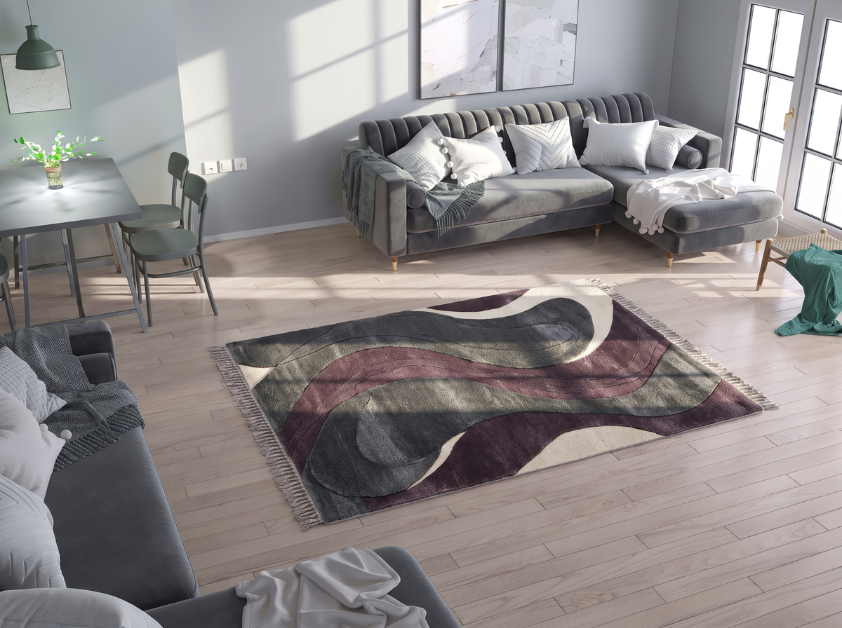 Plum Charcoal Wave Rug, hand-knotted Indo-Nepali wool with flowing charcoal and plum waves on ivory, close-up view