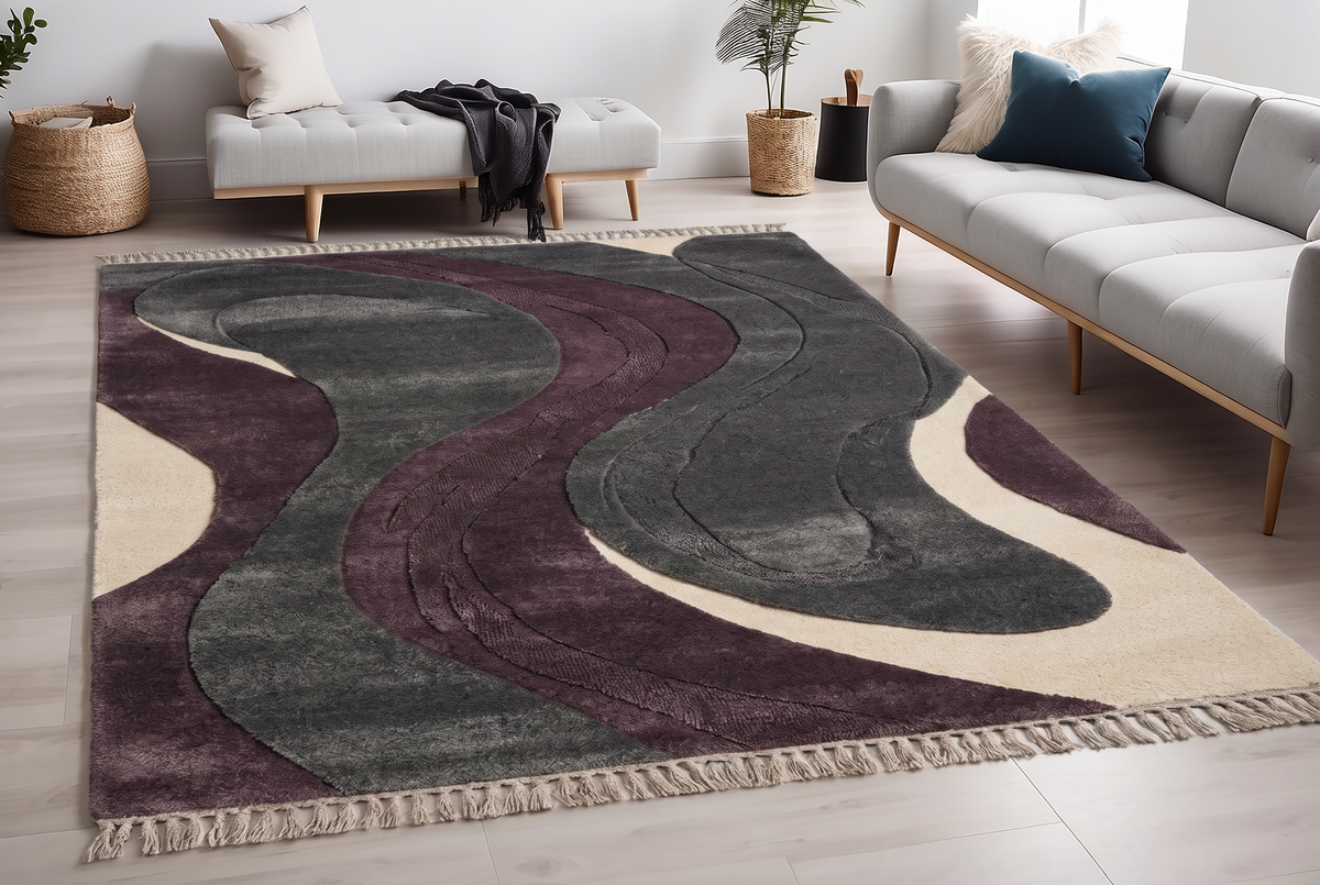 Plum Charcoal Wave Rug, hand-knotted Indo-Nepali wool with flowing charcoal and plum waves on ivory, second room view