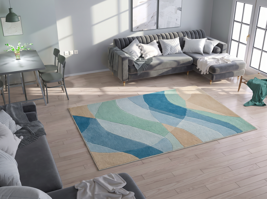 Coastal Tide Abstract Rug, hand-tufted wool with blue, seafoam and sand wave bands