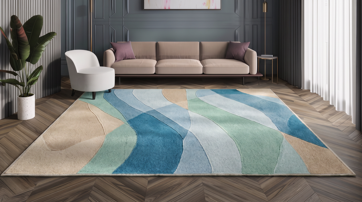 Coastal Tide Abstract Rug, hand-tufted wool with blue, seafoam and sand wave bands, shown in a styled room