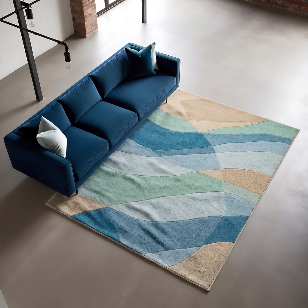 Coastal Tide Abstract Rug, hand-tufted wool with blue, seafoam and sand wave bands, second room view