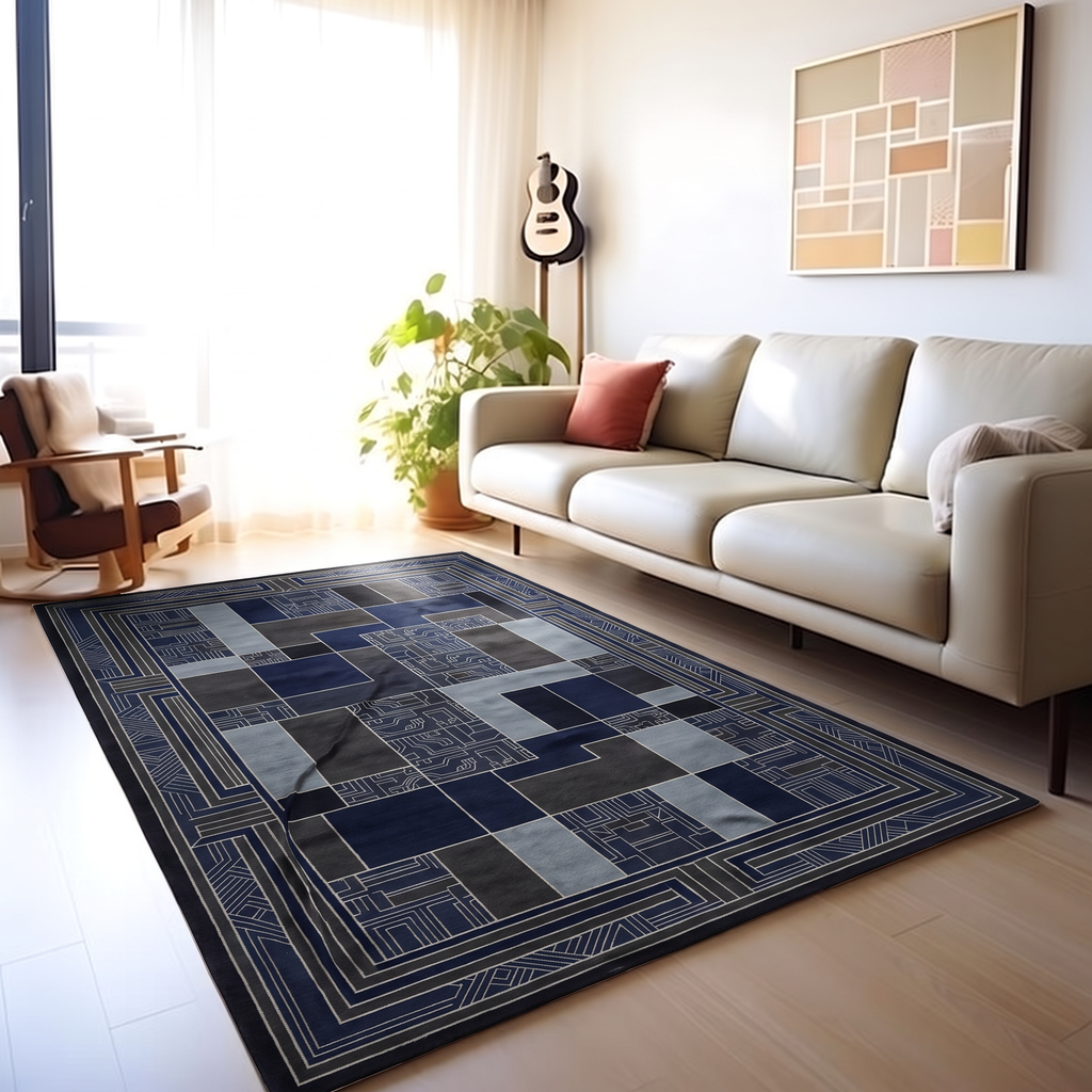 Navy Slate Framed Deco Rug, hand-knotted Indo-Nepali wool with navy, charcoal and slate colour-block panels inside a wide stepped Deco border, pile close-up