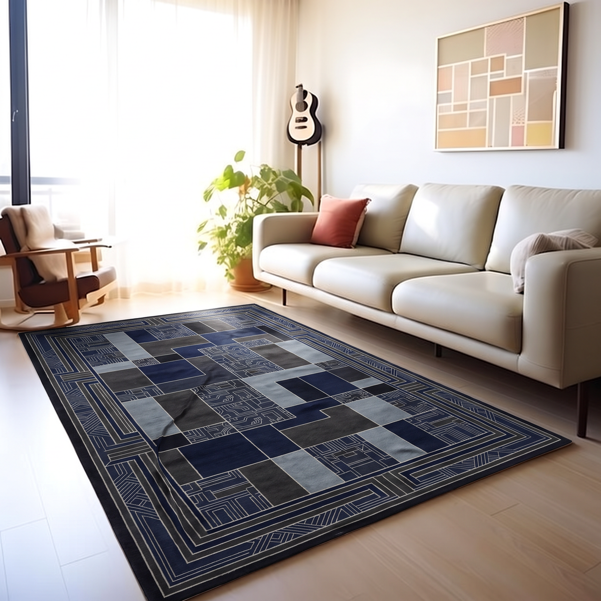 Navy Slate Framed Deco Rug, hand-knotted Indo-Nepali wool with navy, charcoal and slate colour-block panels inside a wide stepped Deco border, pile close-up