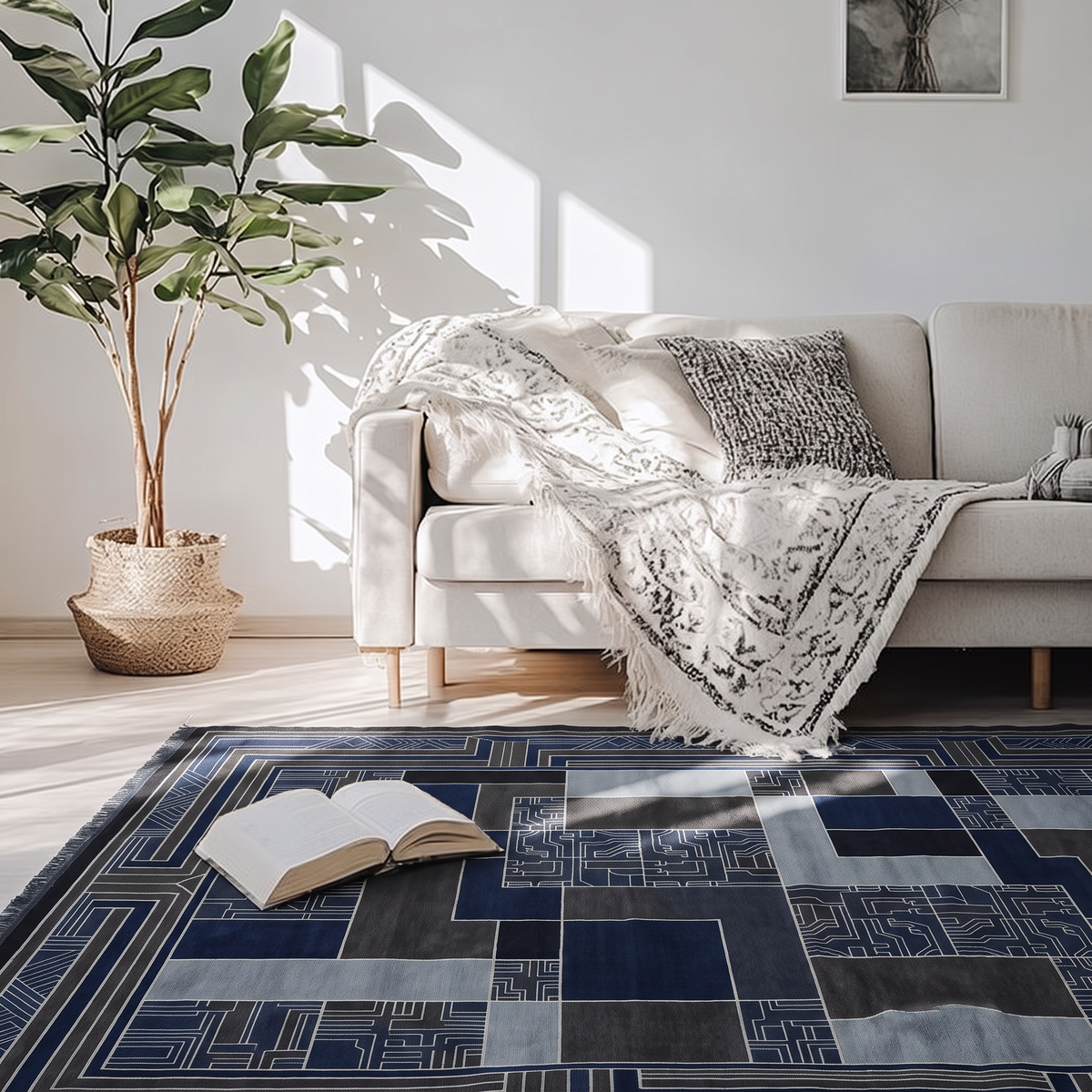 Navy Slate Framed Deco Rug, hand-knotted Indo-Nepali wool with navy, charcoal and slate colour-block panels inside a wide stepped Deco border, alternate view