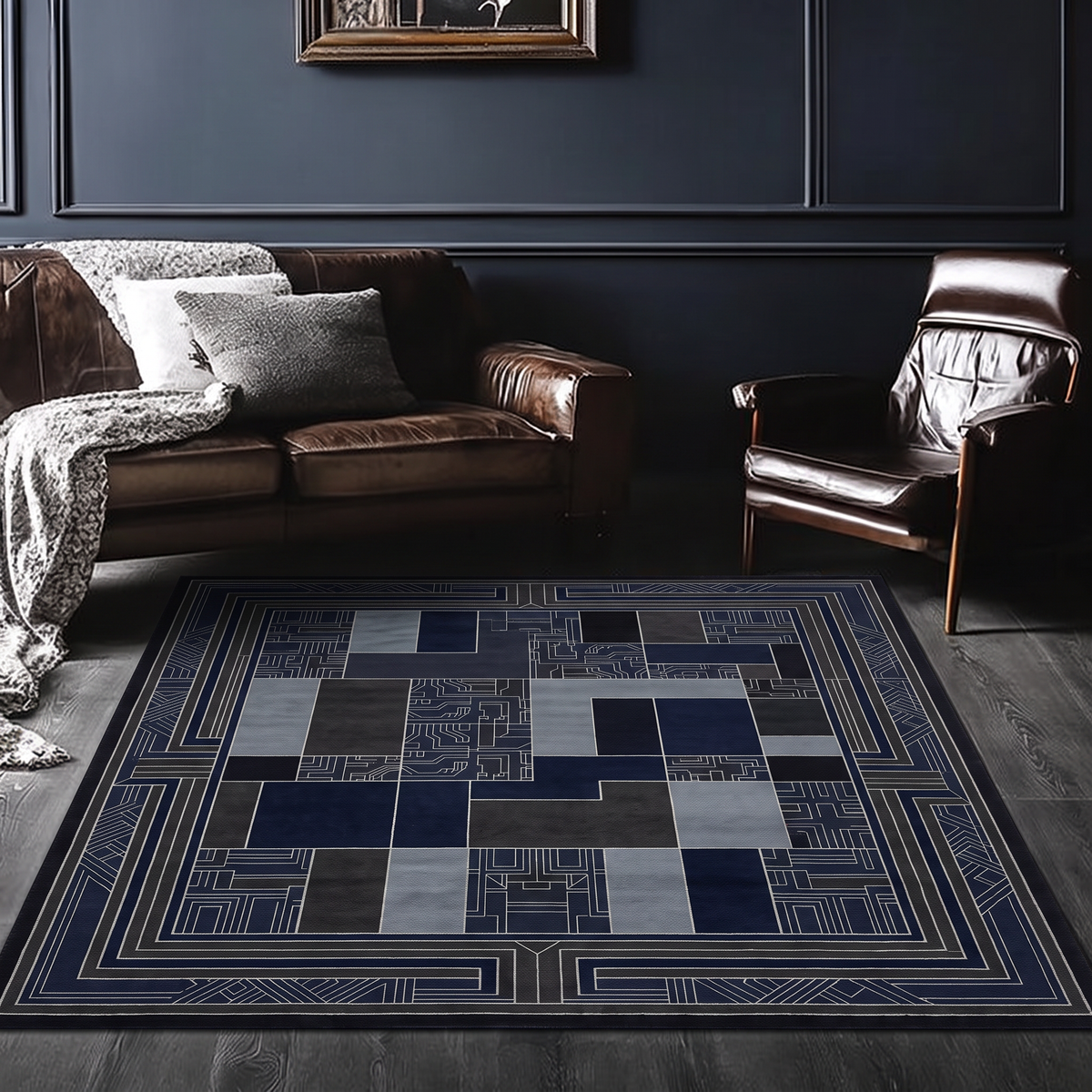 Navy Slate Framed Deco Rug, hand-knotted Indo-Nepali wool with navy, charcoal and slate colour-block panels inside a wide stepped Deco border, second room view