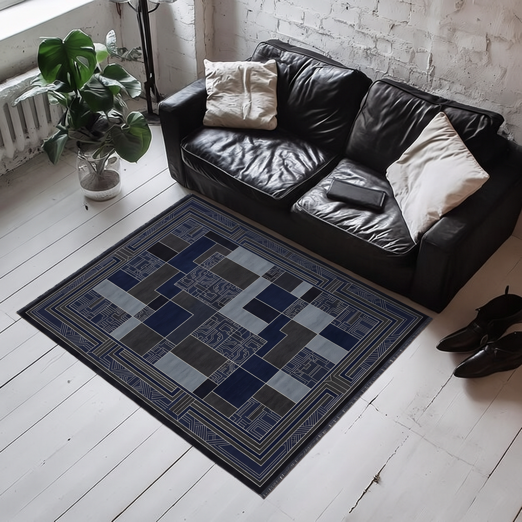 Navy Slate Framed Deco Rug, hand-knotted Indo-Nepali wool with navy, charcoal and slate colour-block panels inside a wide stepped Deco border