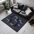Navy Slate Framed Deco Rug, hand-knotted Indo-Nepali wool with navy, charcoal and slate colour-block panels inside a wide stepped Deco border