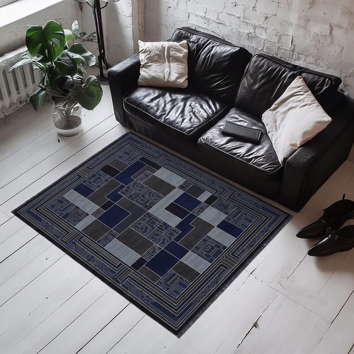 Navy Slate Framed Deco Rug, hand-knotted Indo-Nepali wool with navy, charcoal and slate colour-block panels inside a wide stepped Deco border