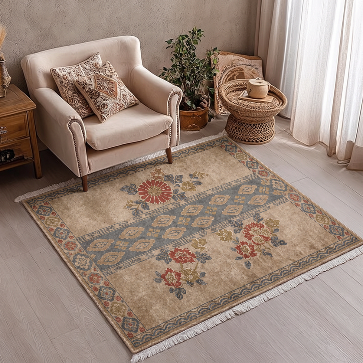 Sand Chrysanthemum Border Rug, hand-tufted wool rug, view 3 by Rugkey
