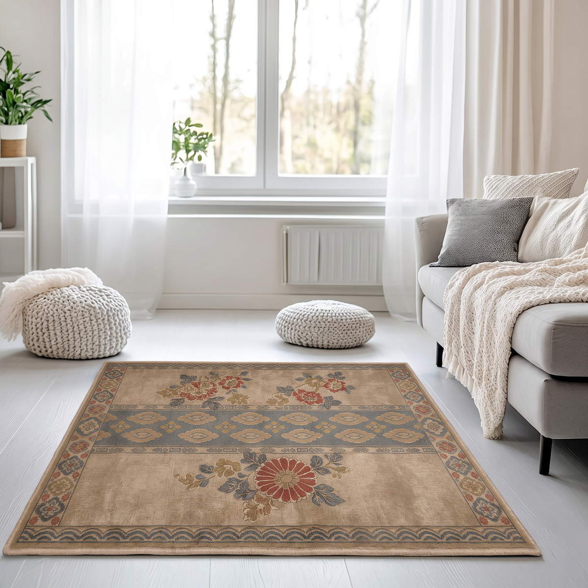 Sand Chrysanthemum Border Rug, hand-tufted wool rug, view 4 by Rugkey