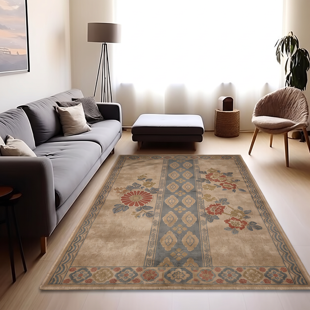 Sand Chrysanthemum Border Rug, hand-tufted wool rug, view 2 by Rugkey