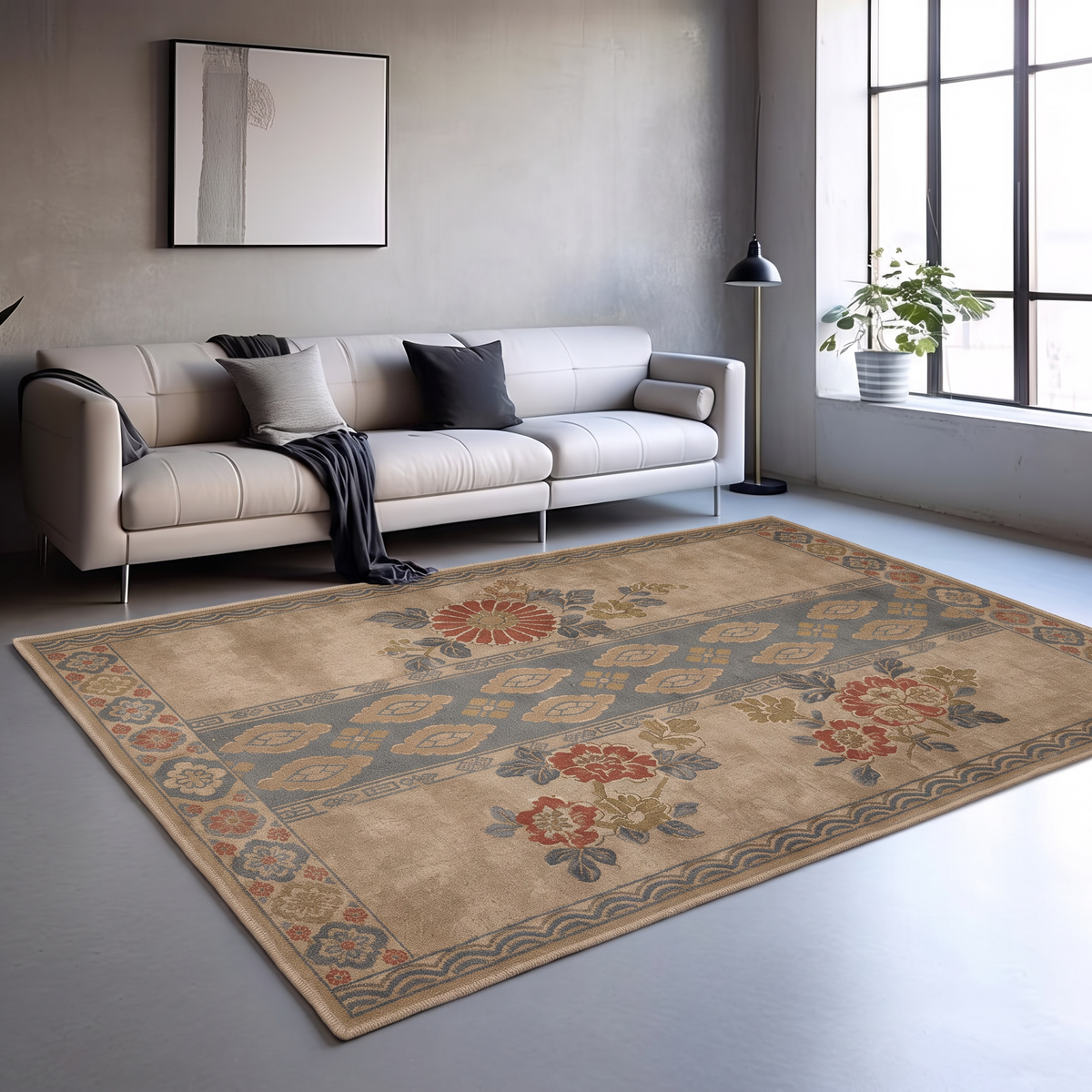 Sand Chrysanthemum Border Rug, hand-tufted wool rug by Rugkey