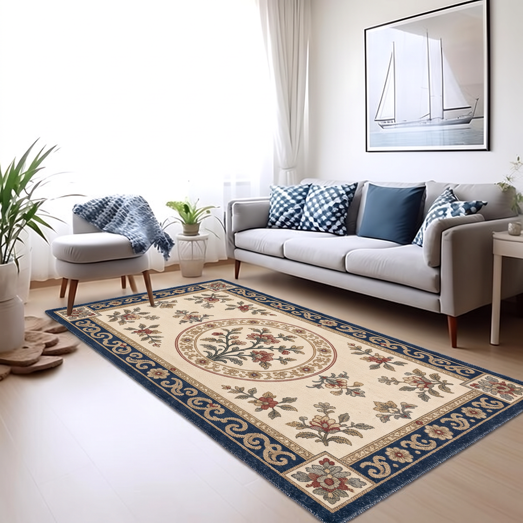 Ivory Navy Floral Medallion Rug, hand-tufted wool rug by Rugkey