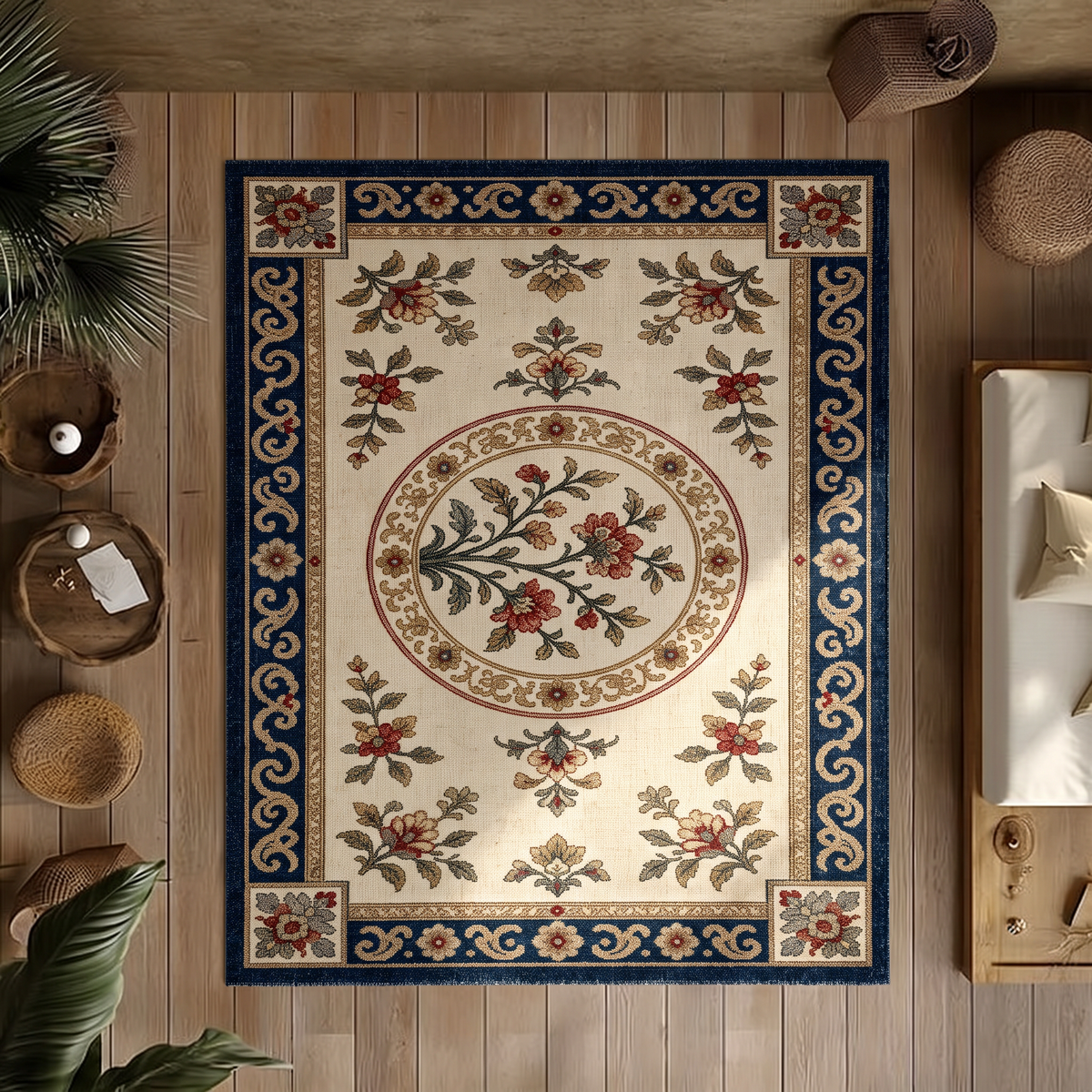 Ivory Navy Floral Medallion Rug, hand-tufted wool rug, view 2 by Rugkey