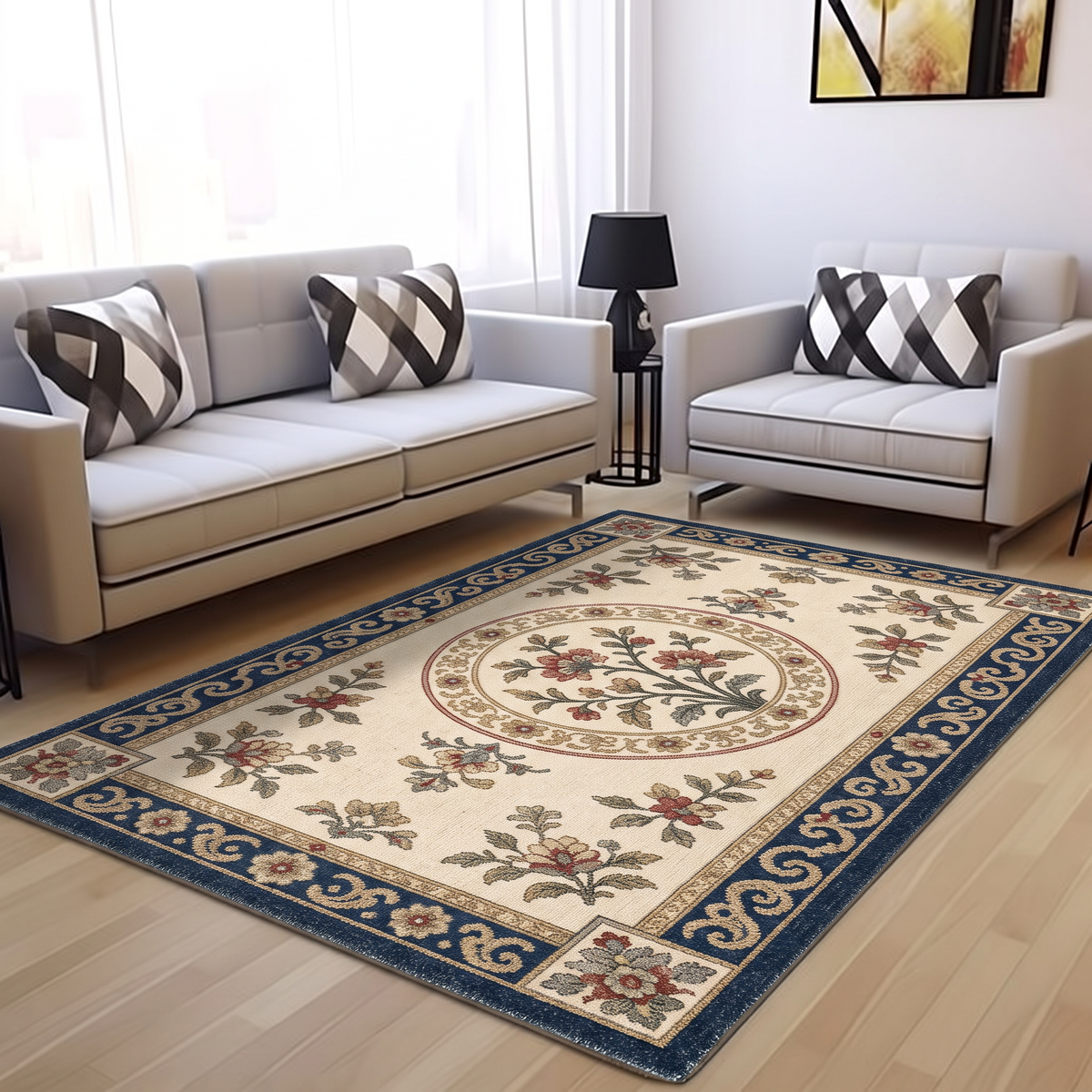Ivory Navy Floral Medallion Rug, hand-tufted wool rug, view 5 by Rugkey