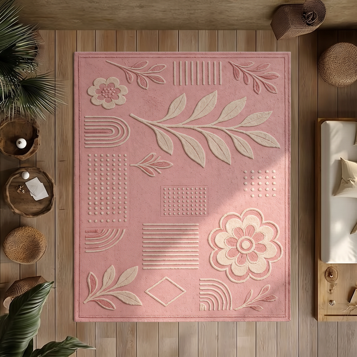 Blush Ivory Botanical Play Rug, hand-tufted wool rug, view 4 by Rugkey
