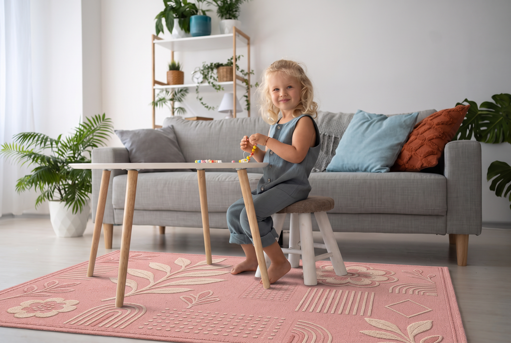 Blush Ivory Botanical Play Rug, hand-tufted wool rug, view 2 by Rugkey