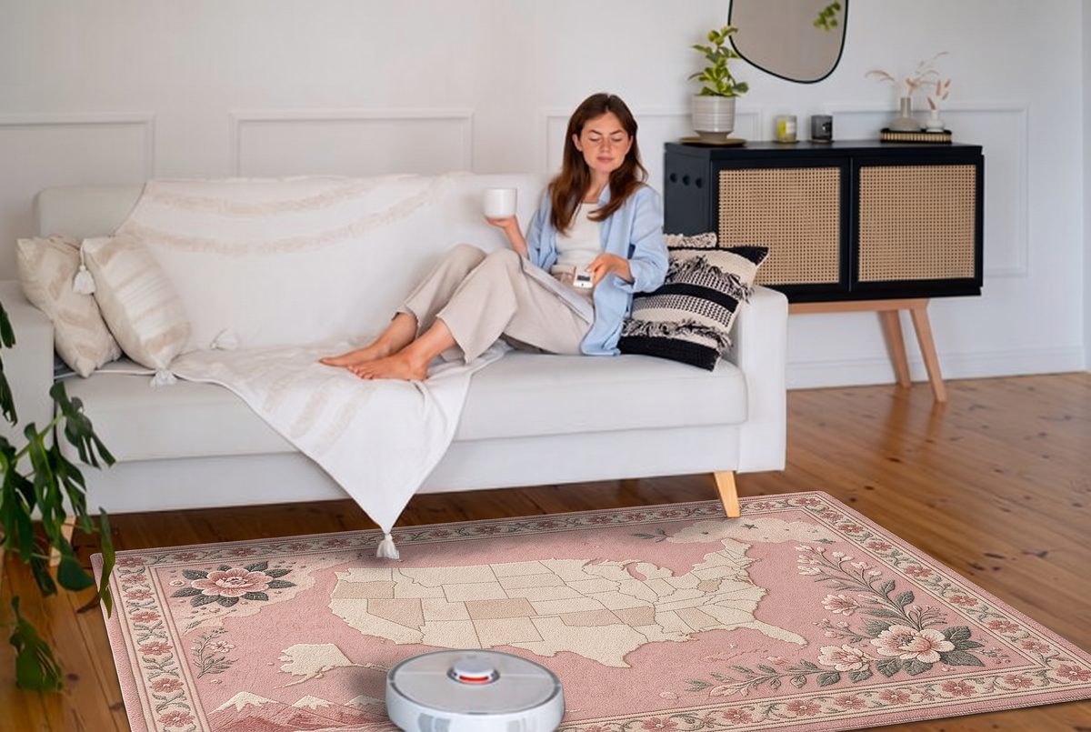 Blush USA Map Floral Rug, hand-tufted wool rug, view 4 by Rugkey