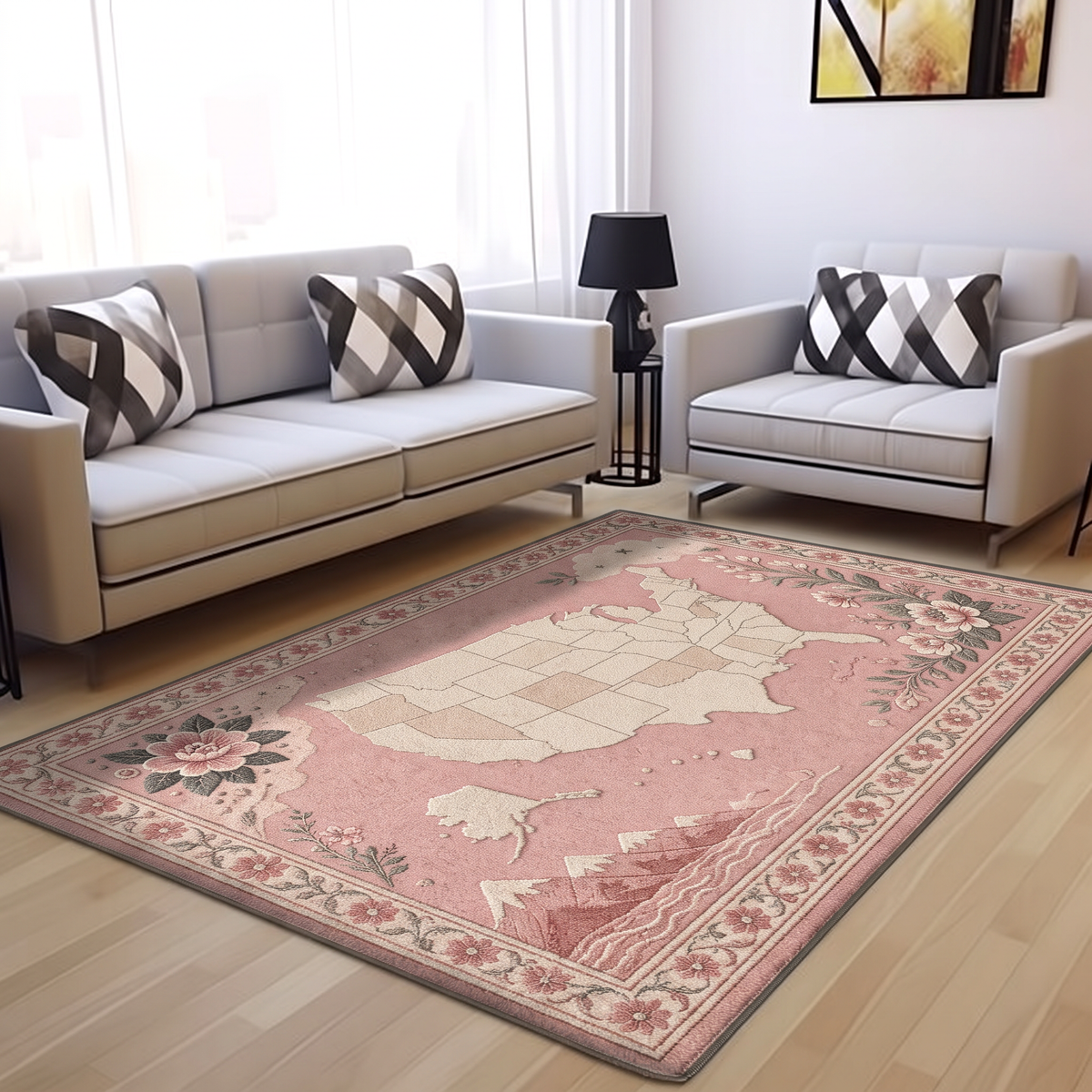 Blush USA Map Floral Rug, hand-tufted wool rug by Rugkey
