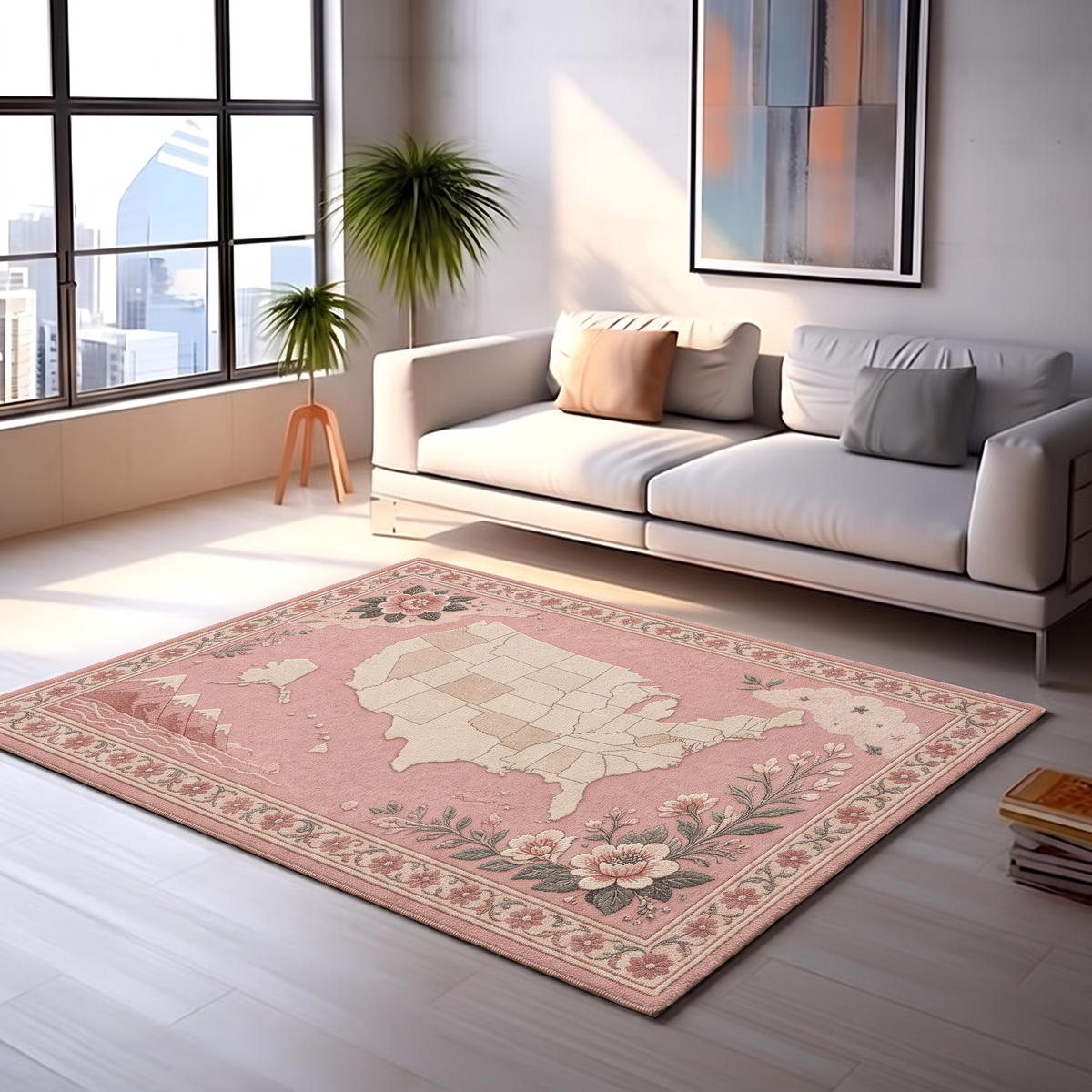 Blush USA Map Floral Rug, hand-tufted wool rug, view 5 by Rugkey