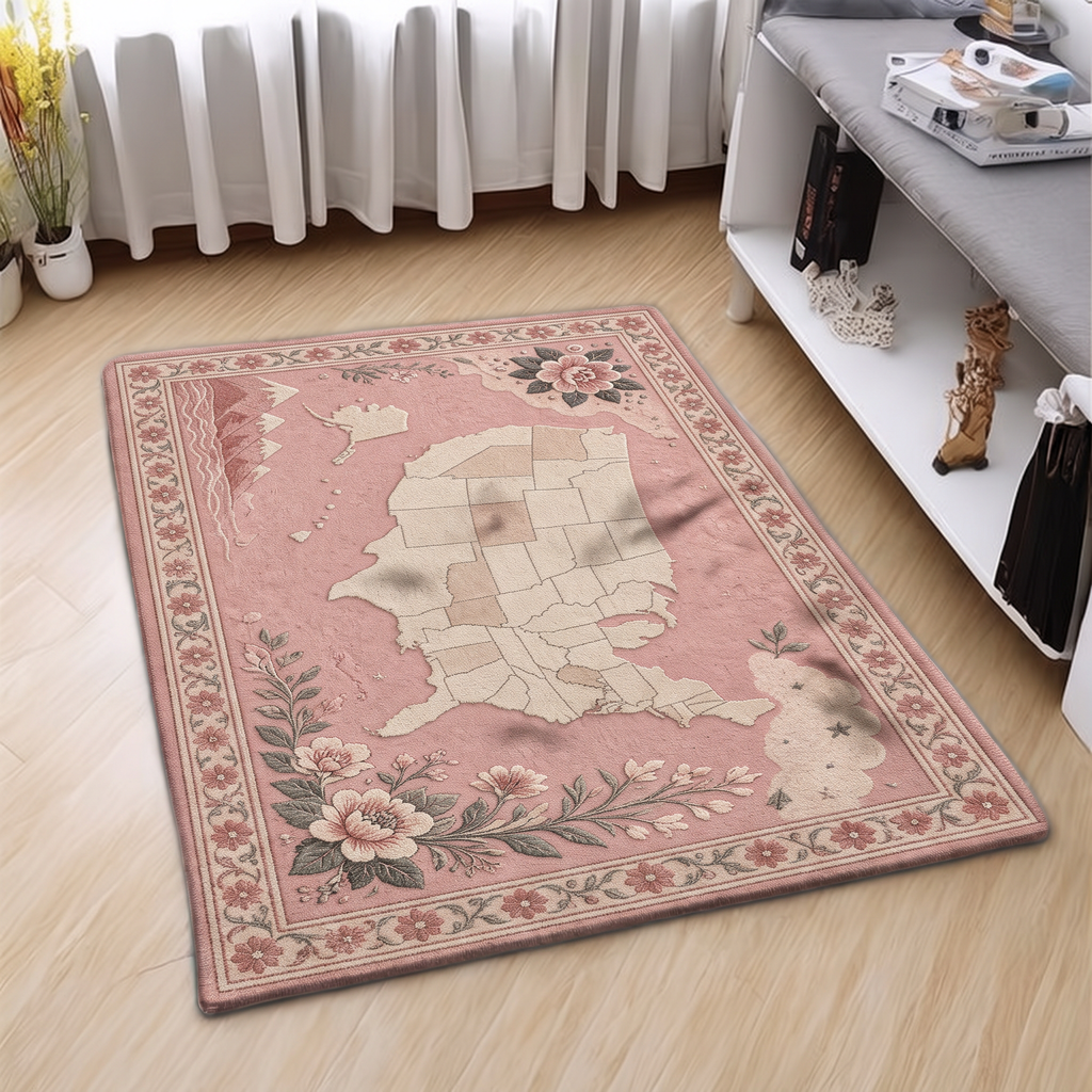 Blush USA Map Floral Rug, hand-tufted wool rug, view 3 by Rugkey