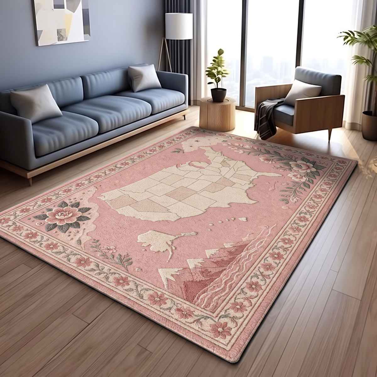Blush USA Map Floral Rug, hand-tufted wool rug, view 2 by Rugkey
