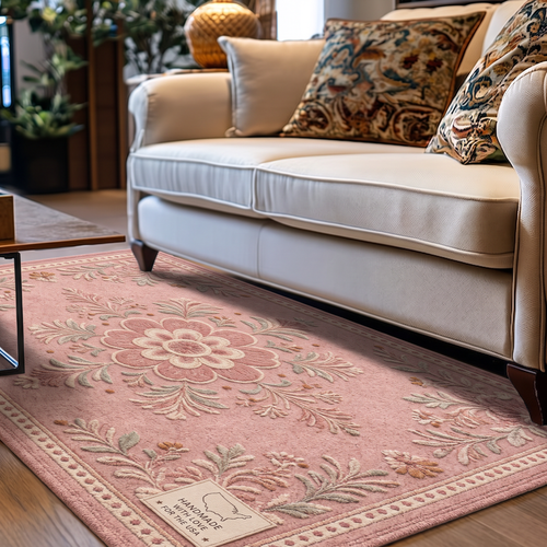 Blush Folk Floral Medallion Rug, hand-tufted wool rug by Rugkey