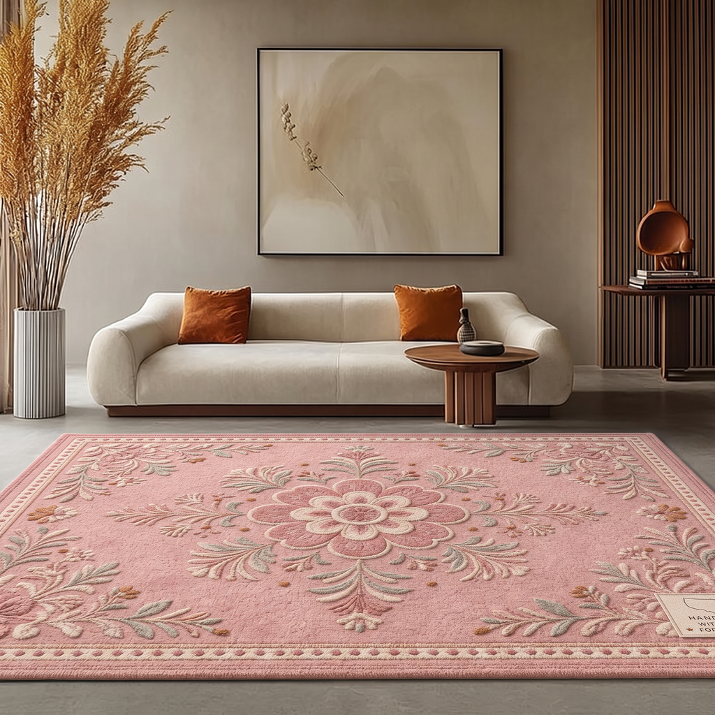 Blush Folk Floral Medallion Rug, hand-tufted wool rug, view 2 by Rugkey