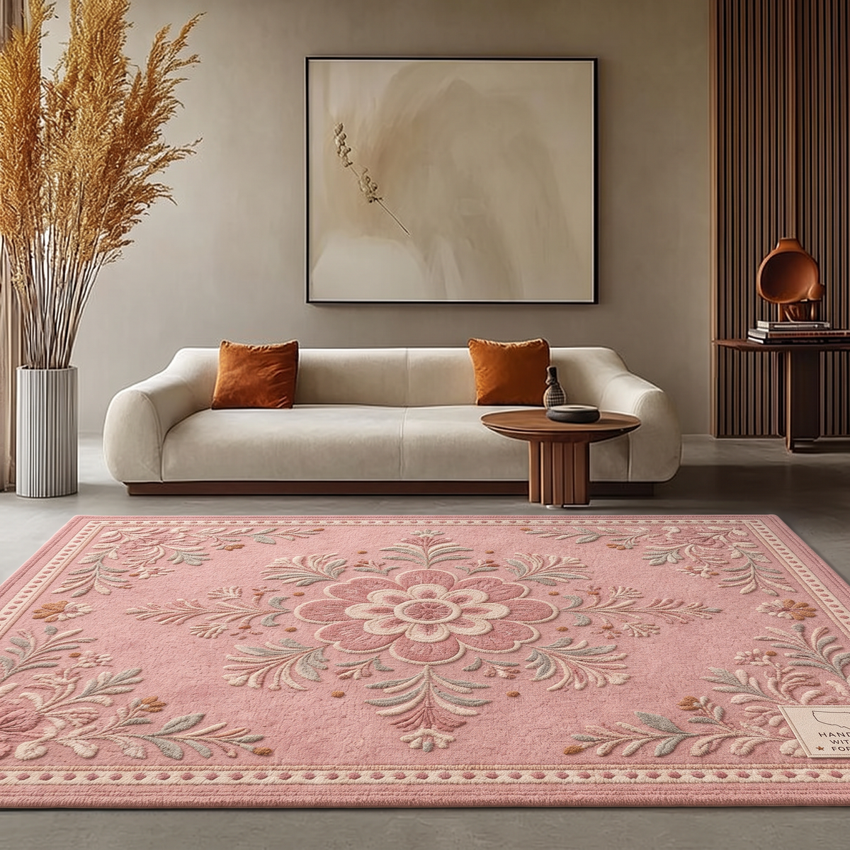 Blush Folk Floral Medallion Rug, hand-tufted wool rug, view 2 by Rugkey