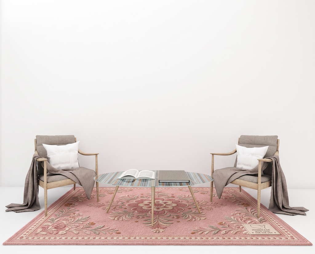 Blush Folk Floral Medallion Rug, hand-tufted wool rug, view 3 by Rugkey
