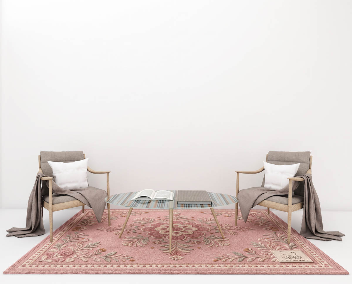 Blush Folk Floral Medallion Rug, hand-tufted wool rug, view 3 by Rugkey