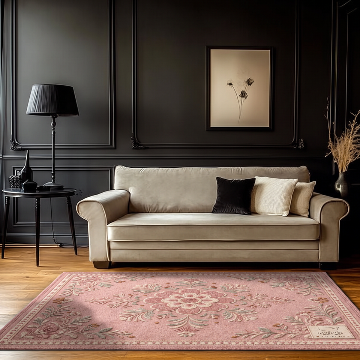 Blush Folk Floral Medallion Rug, hand-tufted wool rug, view 5 by Rugkey