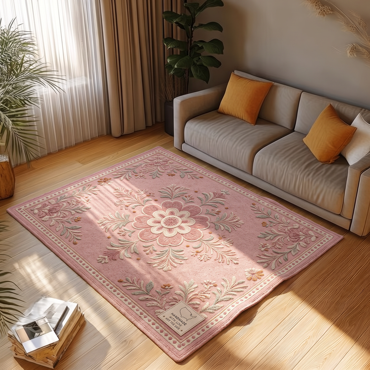 Blush Folk Floral Medallion Rug, hand-tufted wool rug, view 4 by Rugkey