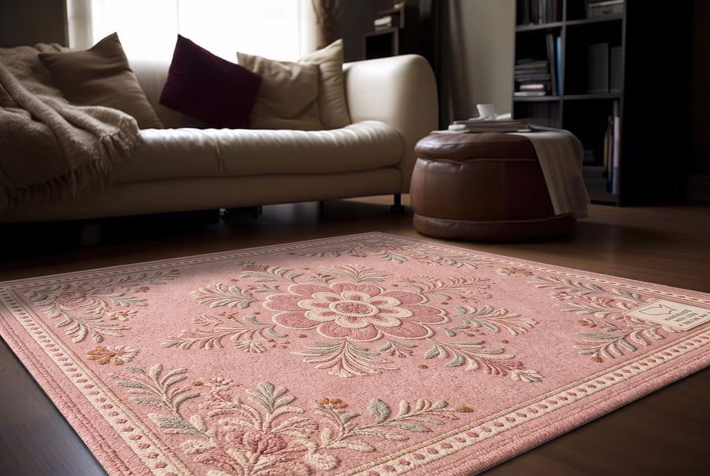 Blush Folk Floral Medallion Rug, hand-tufted wool rug, view 6 by Rugkey