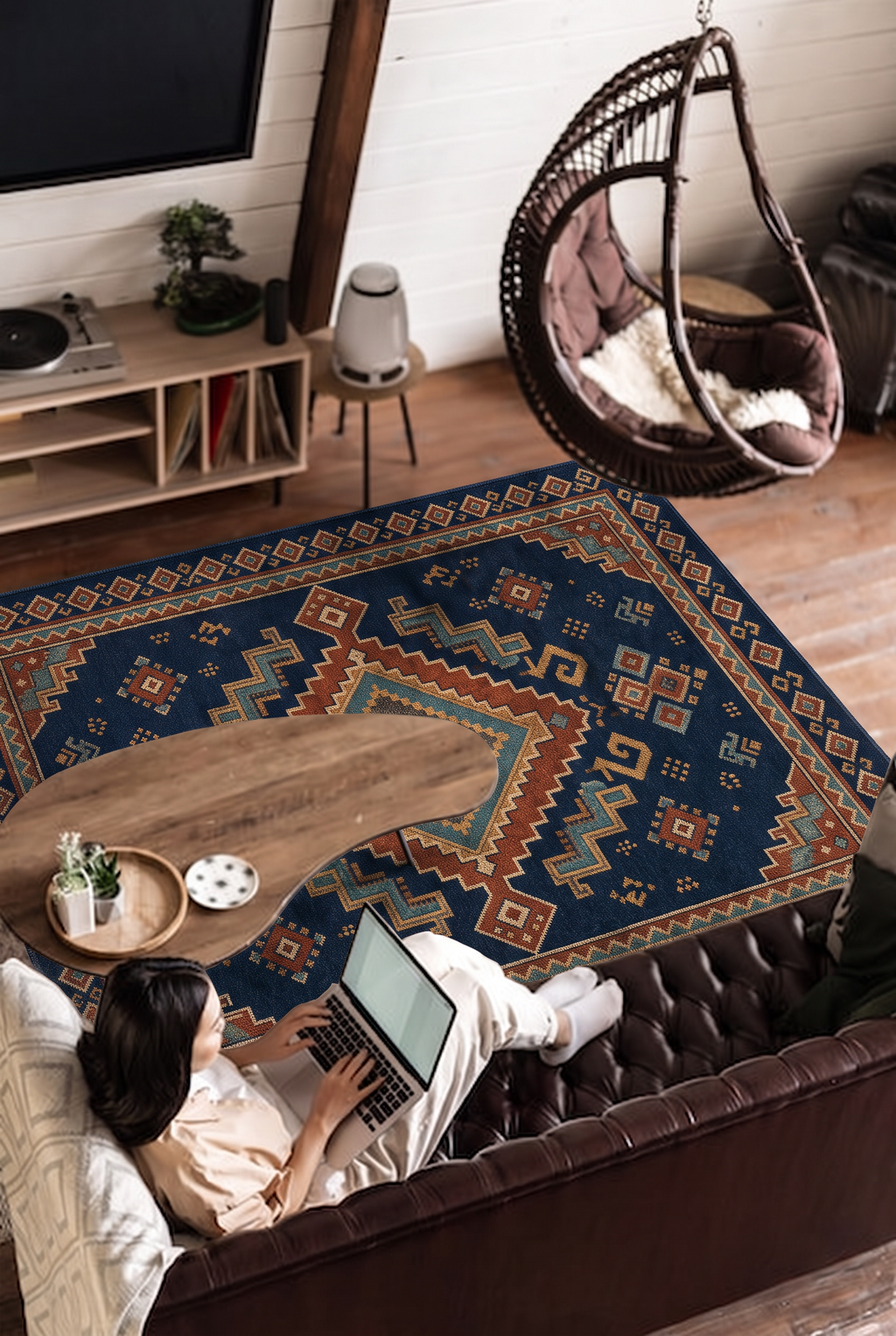 Navy Rust Tribal Diamond Rug, hand-tufted wool rug, view 2 by Rugkey