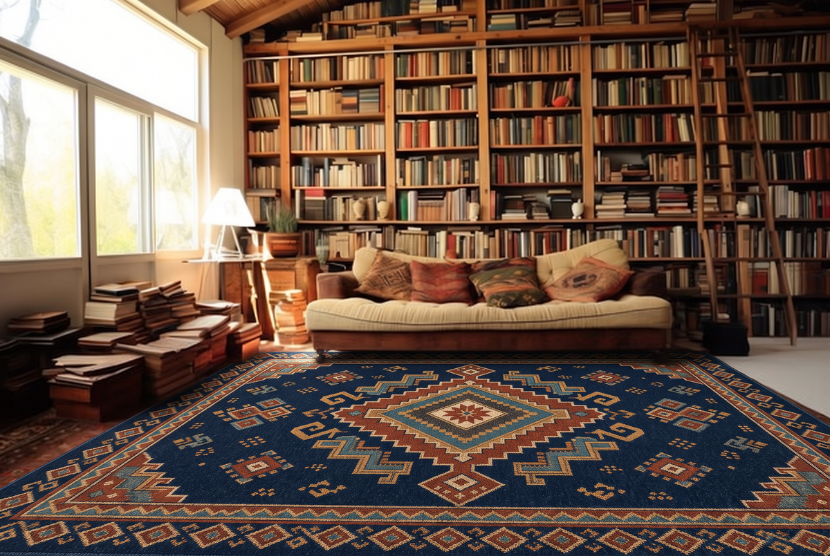 Navy Rust Tribal Diamond Rug, hand-tufted wool rug, view 5 by Rugkey