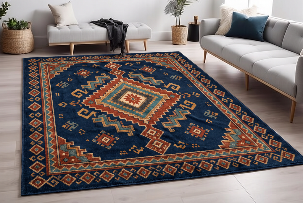 Navy Rust Tribal Diamond Rug, hand-tufted wool rug, view 3 by Rugkey