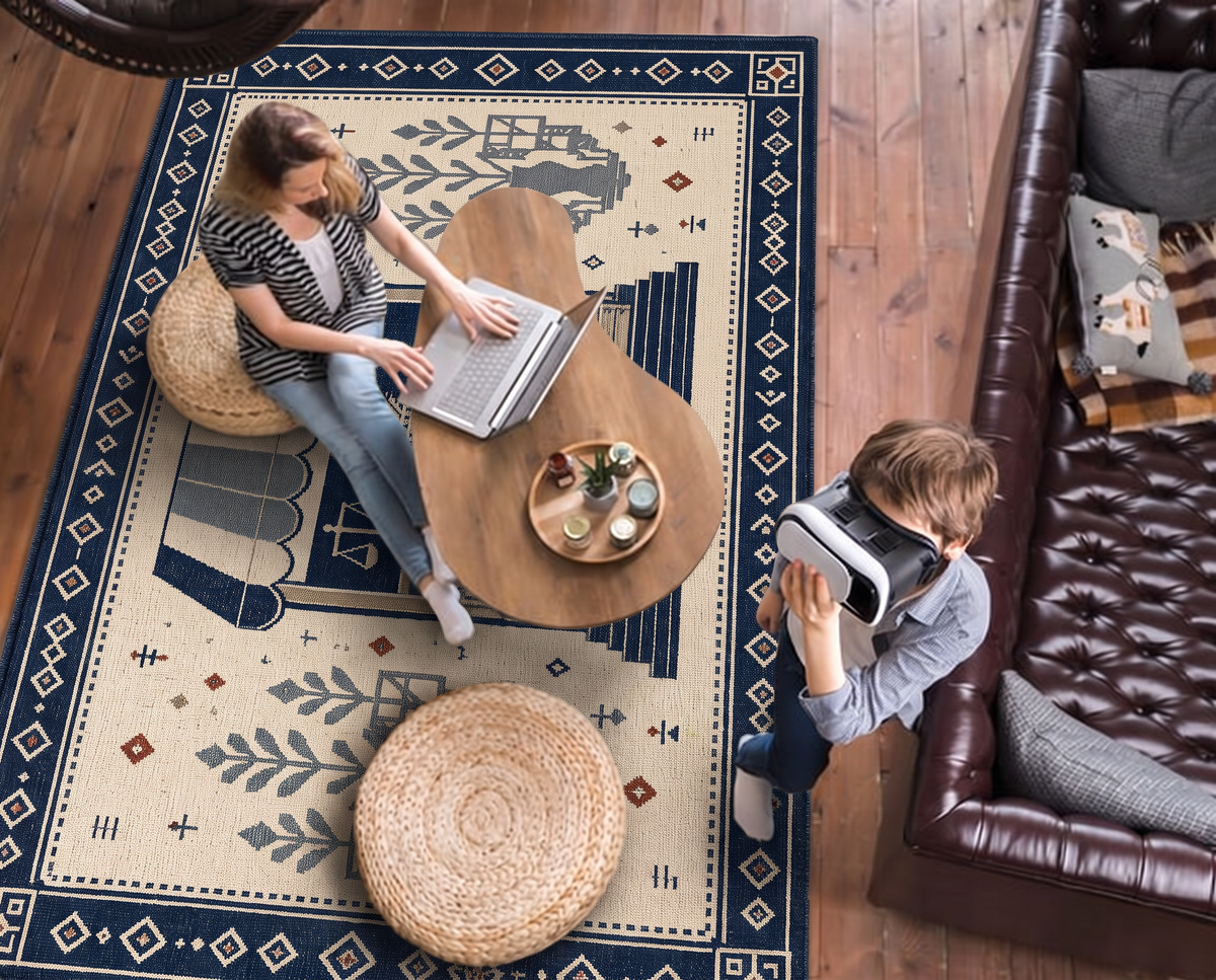 Navy Ivory Market Stall Rug, hand-tufted wool rug, view 2 by Rugkey
