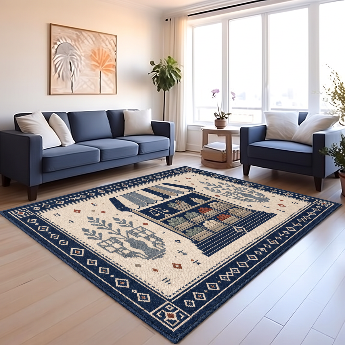 Navy Ivory Market Stall Rug, hand-tufted wool rug, view 3 by Rugkey