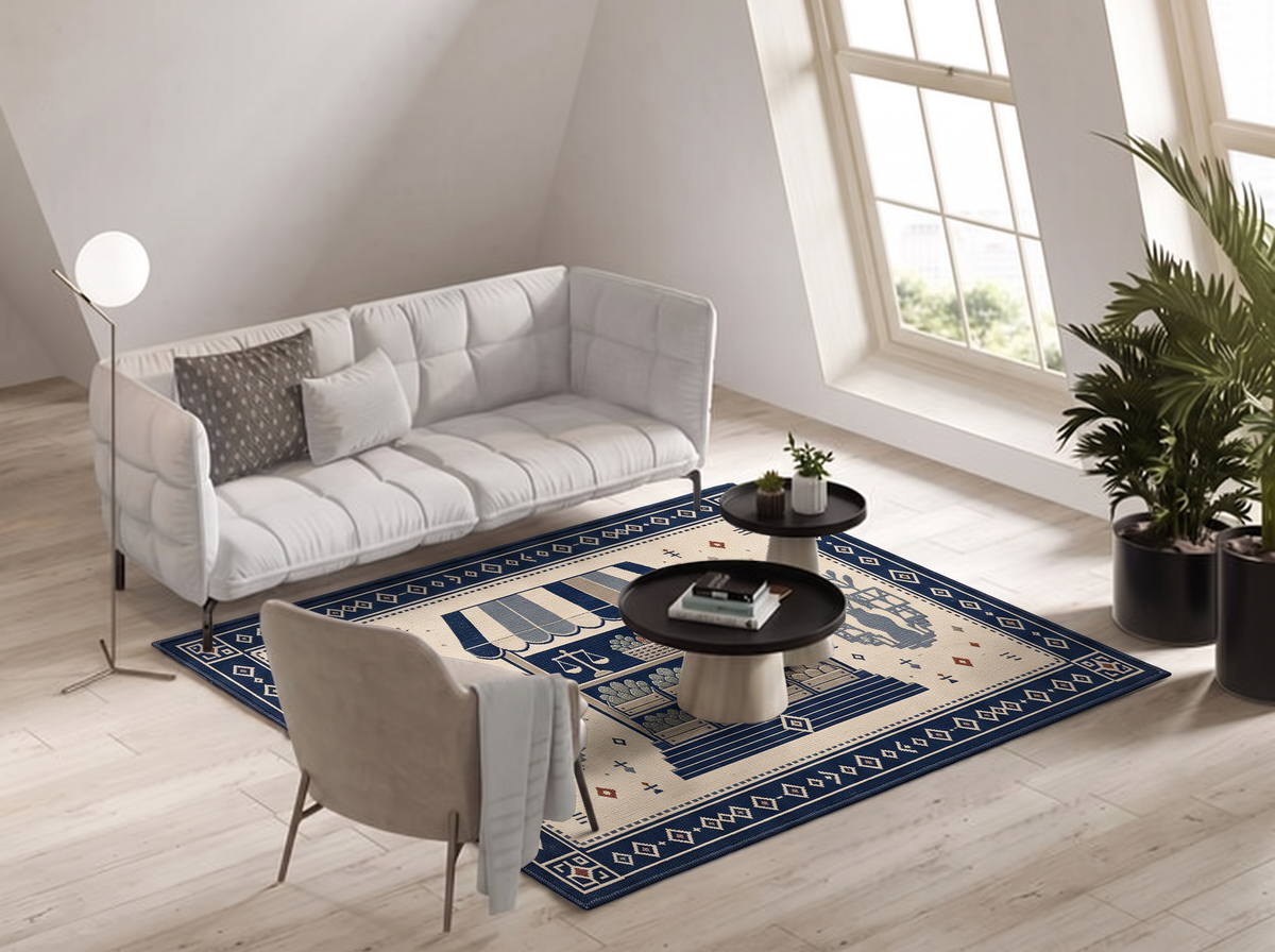 Navy Ivory Market Stall Rug, hand-tufted wool rug, view 4 by Rugkey