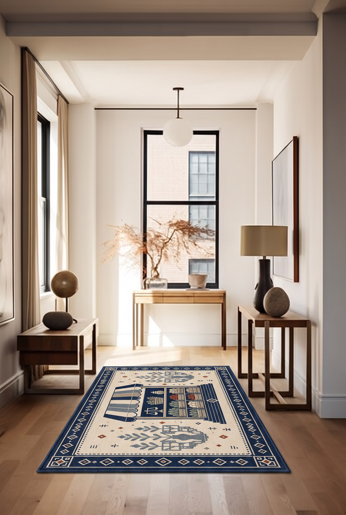 Navy Ivory Market Stall Rug, hand-tufted wool rug, view 5 by Rugkey