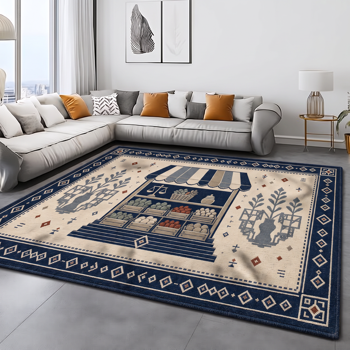 Navy Ivory Market Stall Rug, hand-tufted wool rug by Rugkey