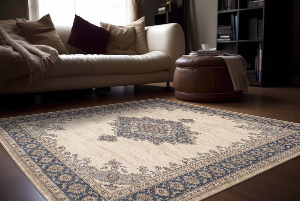 Ivory Blue Classic Medallion Rug, hand-tufted wool rug, view 2 by Rugkey