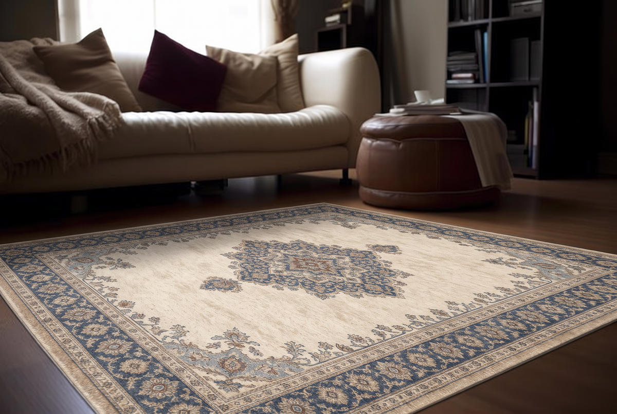 Ivory Blue Classic Medallion Rug, hand-tufted wool rug, view 2 by Rugkey