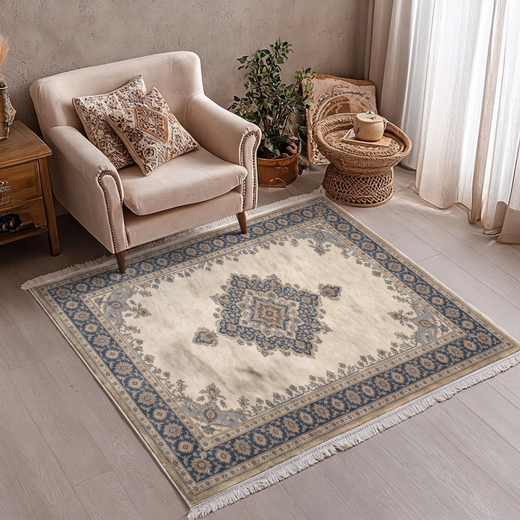 Ivory Blue Classic Medallion Rug, hand-tufted wool rug, view 5 by Rugkey