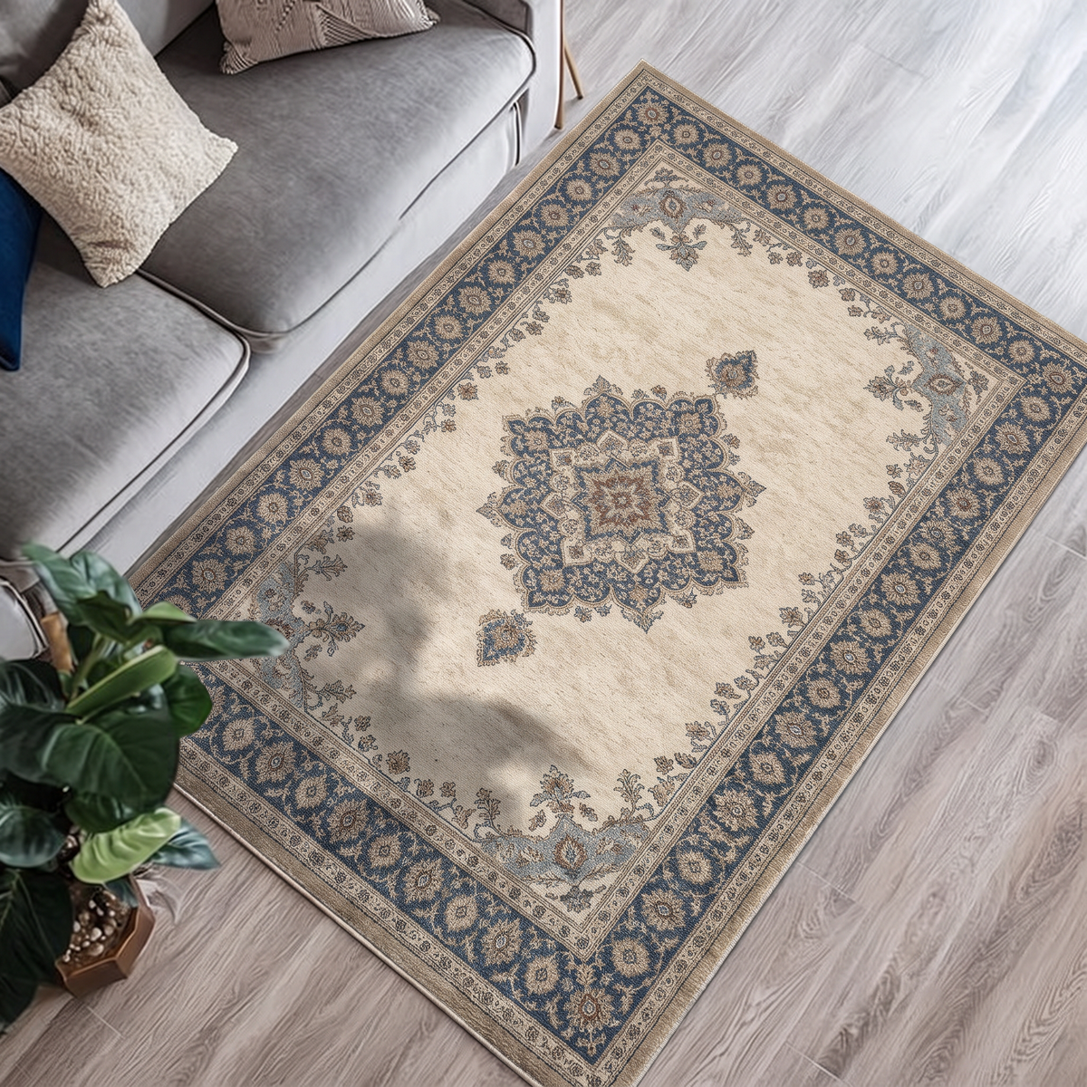 Ivory Blue Classic Medallion Rug, hand-tufted wool rug by Rugkey