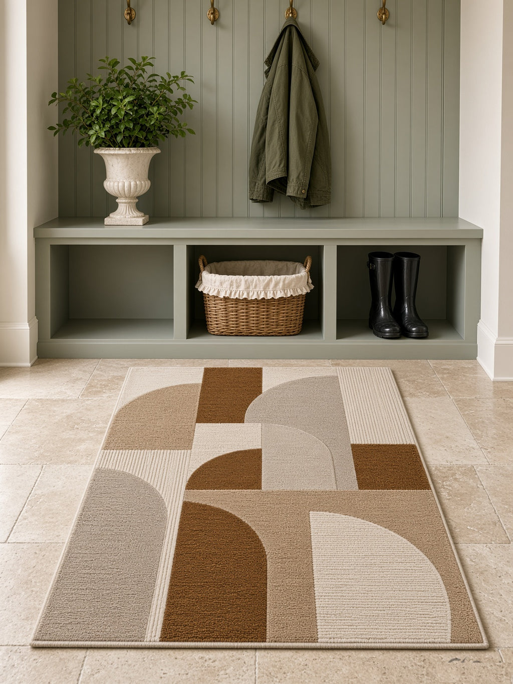 Overlapping Portal Color-Block Rug, hand-tufted wool rug, close-up view