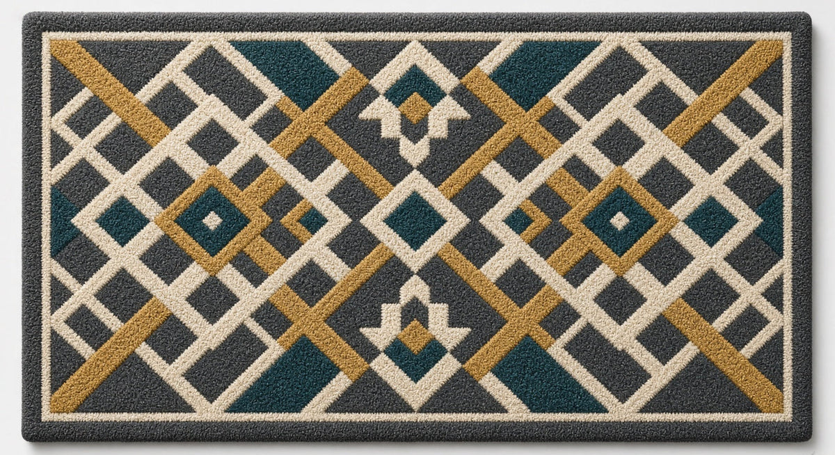 Teal Diamond Trellis Rug, hand-tufted wool rug, alternate room view