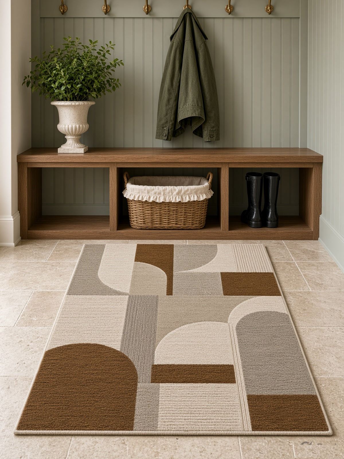 Warm Neutral Teardrop & Arch Rug, hand-tufted wool rug, shown in a styled room
